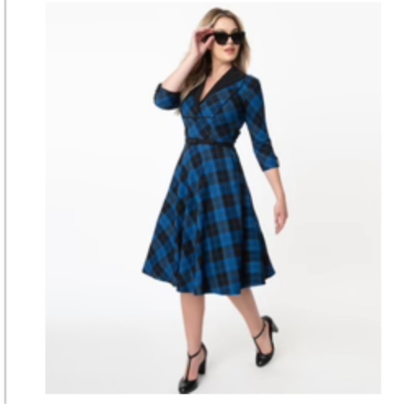 Rare NWOT Unique Vintage Trudy Dress Blue & Black Plaid Tartan - Picture 10 of 11